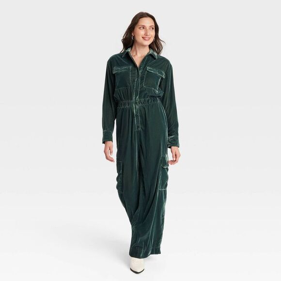 Open Box - Universal Thread - Women's Long Sleeve Velvet Cargo Jumpsu Green - Picture 1 of 3